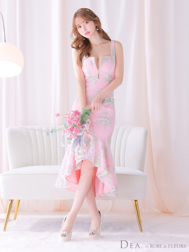 Lサイズあり】フローラル×バストジッパーフリルマーメイドキャバドレス  