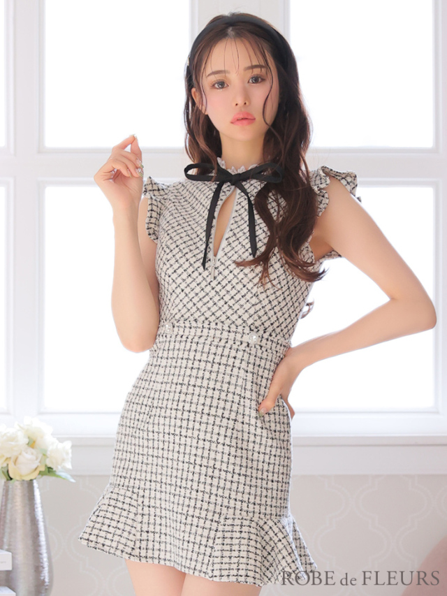 XSサイズあり】チェックツイードバストリボンミニキャバドレス(fm2934) 