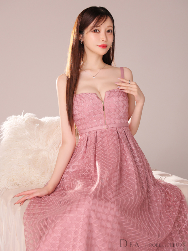 Lサイズあり】フロントジッパー×チュールフレアロングキャバドレス(DE2974)