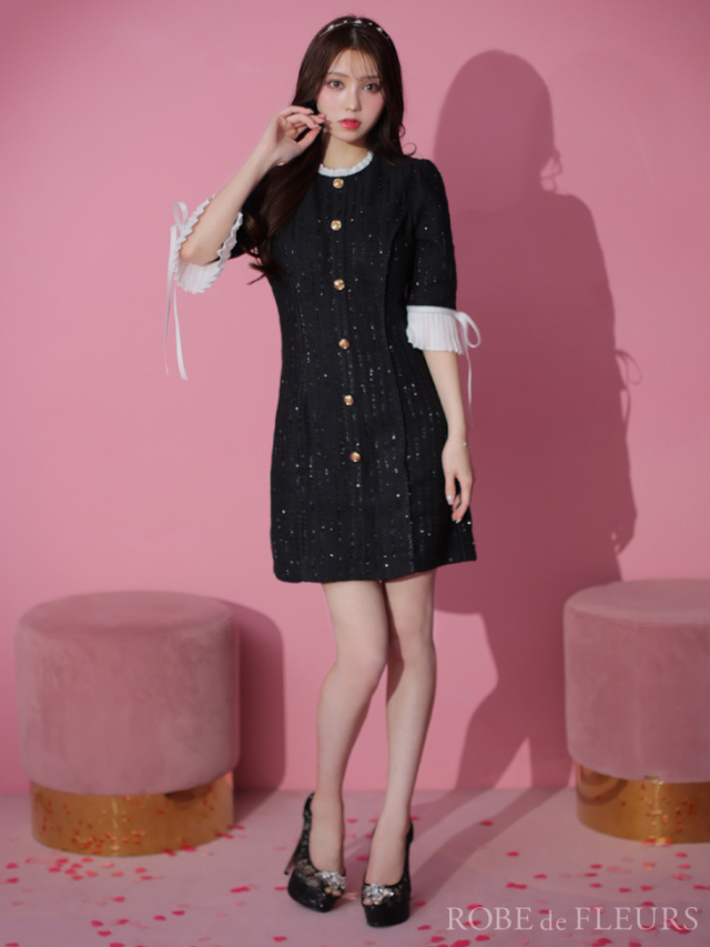 XSサイズあり】ラメツイードx袖フリルリボンキャバドレス(fm2989) 