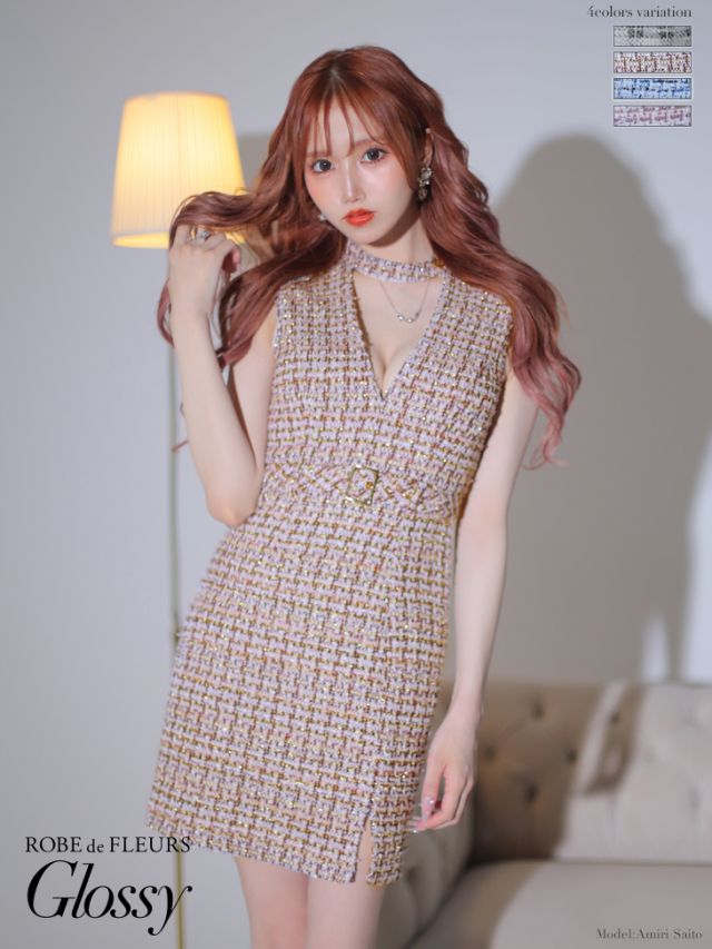 XS～Lサイズあり】ツイード×チョーカー風ベルトミニキャバドレス(GL3147) 