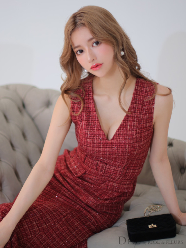 Lサイズあり】ラメツイード×マーメイドロングキャバドレス(DE3232) 