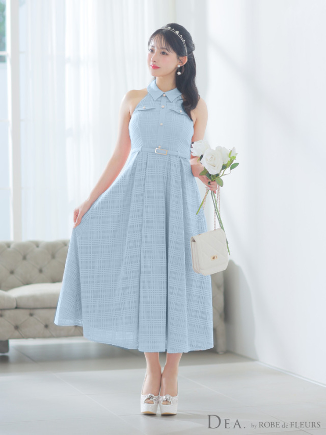 Lサイズあり】襟付きホルターネックチェックレースロングキャバドレス  