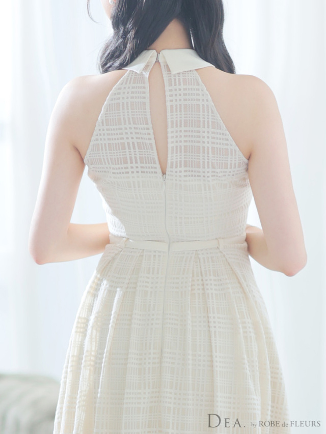 Lサイズあり】襟付きホルターネックチェックレースロングキャバドレス  