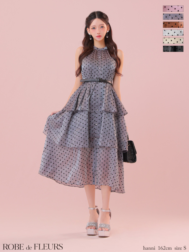 XS～Lサイズあり】ベルト付きドットオーガンジーティアードロング  