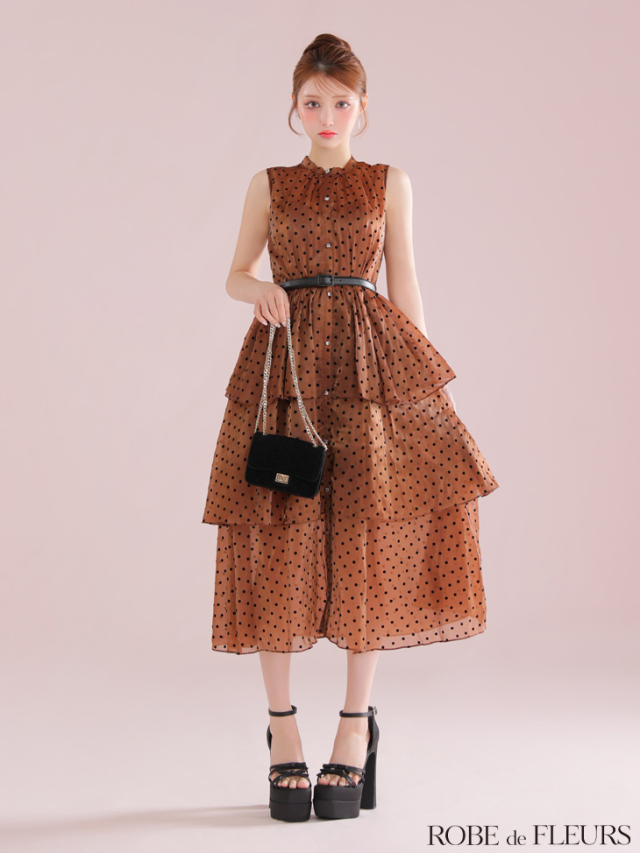 XS～Lサイズあり】ベルト付きドットオーガンジーティアードロング  