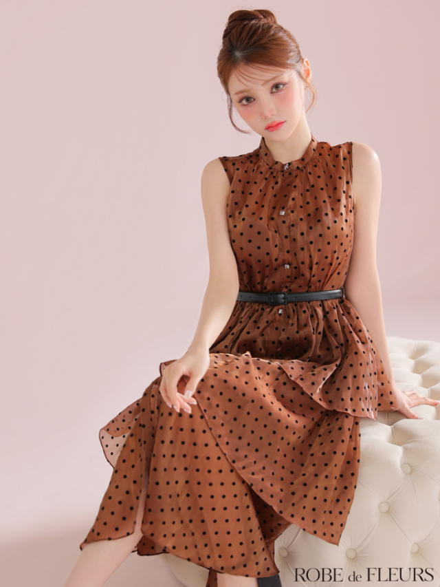 XS～Lサイズあり】ベルト付きドットオーガンジーティアードロング  