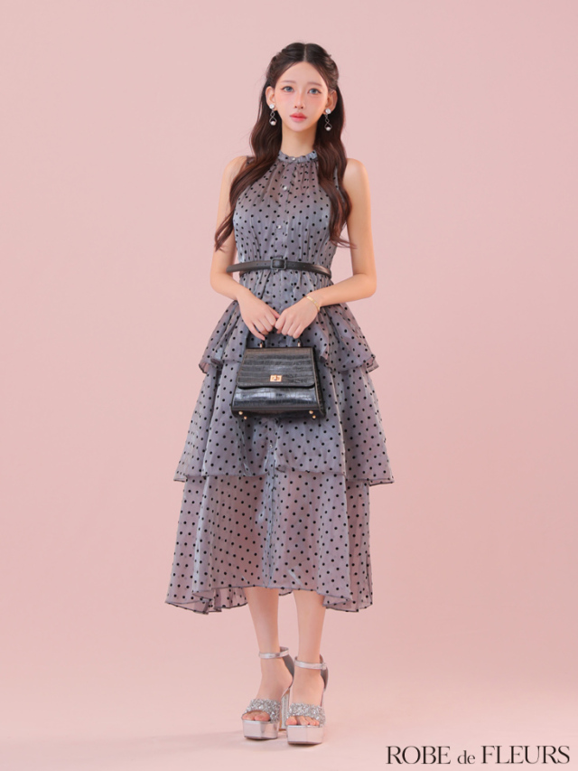 XS～Lサイズあり】ベルト付きドットオーガンジーティアードロング  