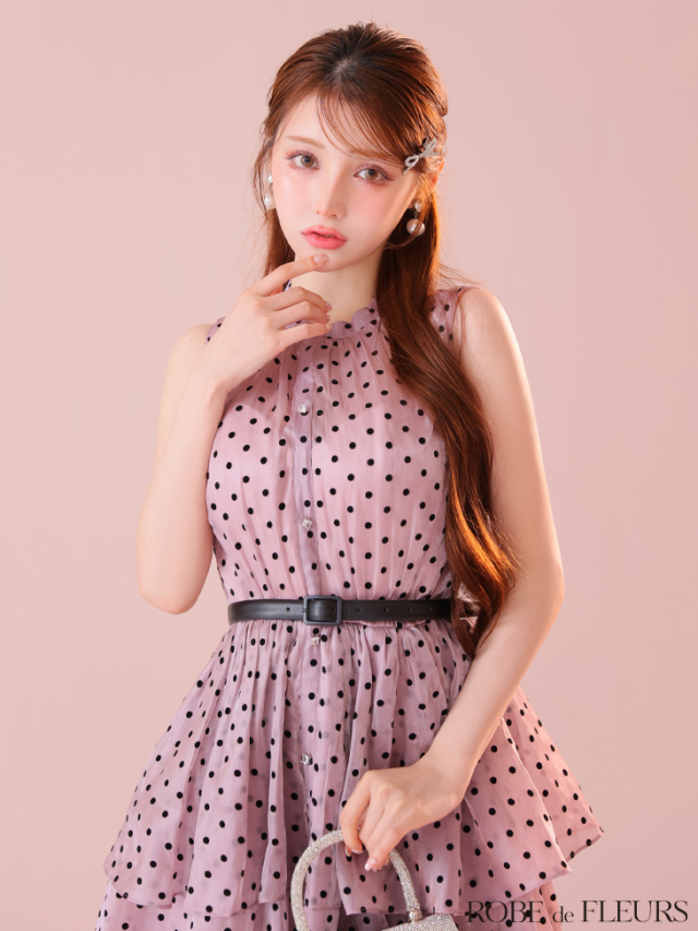 XS～Lサイズあり】ベルト付きドットオーガンジーティアードロング 