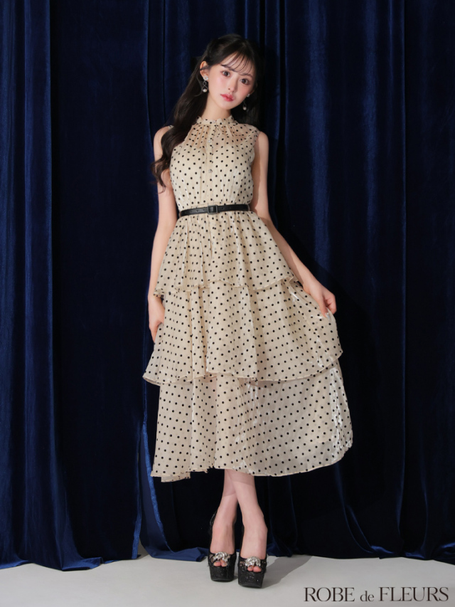 XS～Lサイズあり】ベルト付きドットオーガンジーティアードロング  