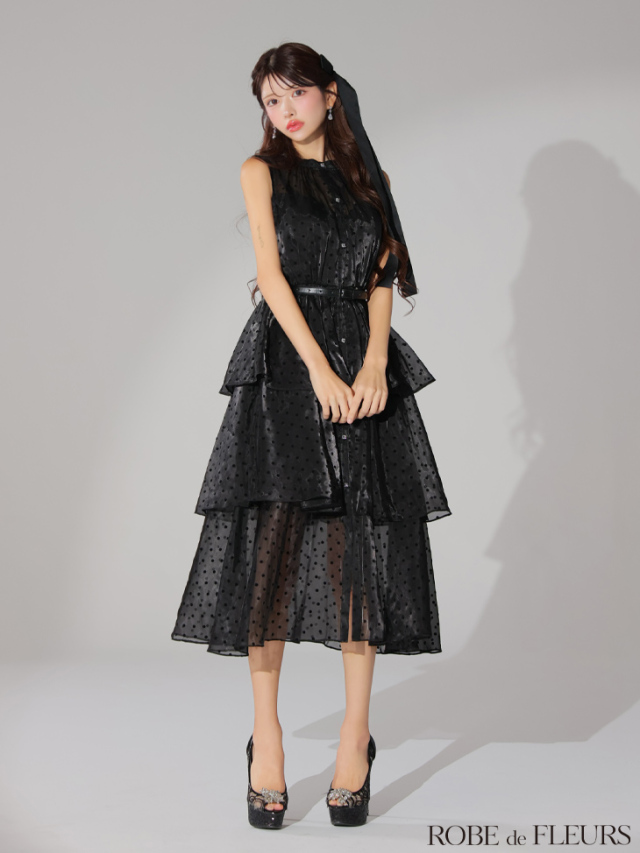 XS～Lサイズあり】ベルト付きドットオーガンジーティアードロング  