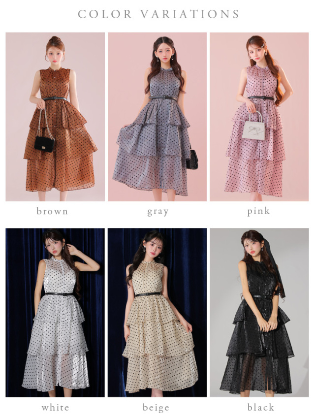 XS～Lサイズあり】ベルト付きドットオーガンジーティアードロング  