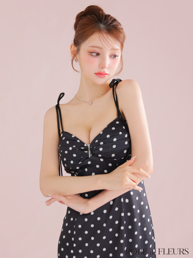 ROBE de FLEURS ドットサテンフリルロングドレス(fm3299) Lサイズあり【ROBE de FLEURS/ローブドフルール】ドット/ サテン