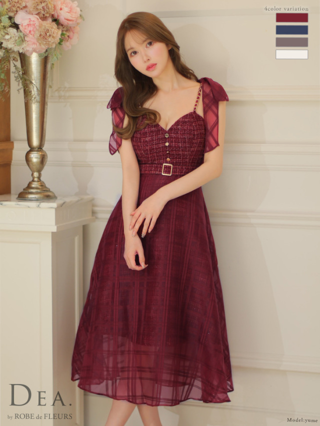 Lサイズあり】ラメツイード×チェックオーガンジーフレアロングキャバ  