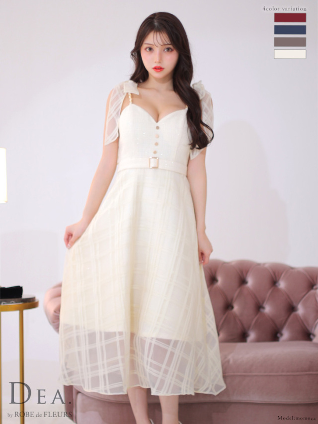 Lサイズあり】ラメツイード×チェックオーガンジーフレアロングキャバ  