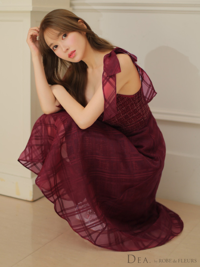 Lサイズあり】ラメツイード×チェックオーガンジーフレアロングキャバ  