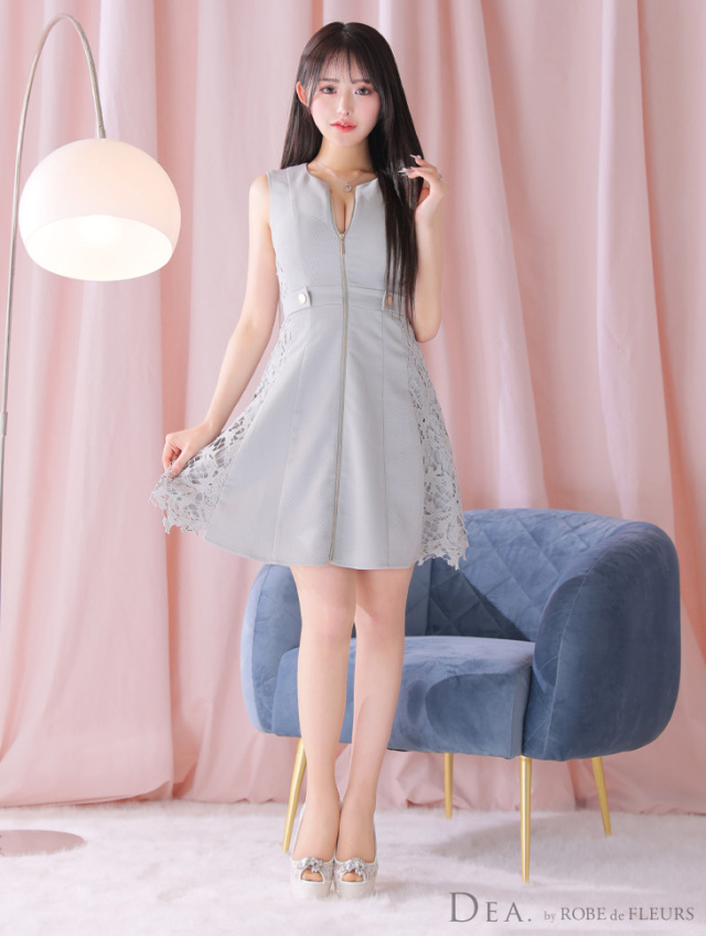 Lサイズあり】サイドレースノースリーブフロントジップフレアキャバ  