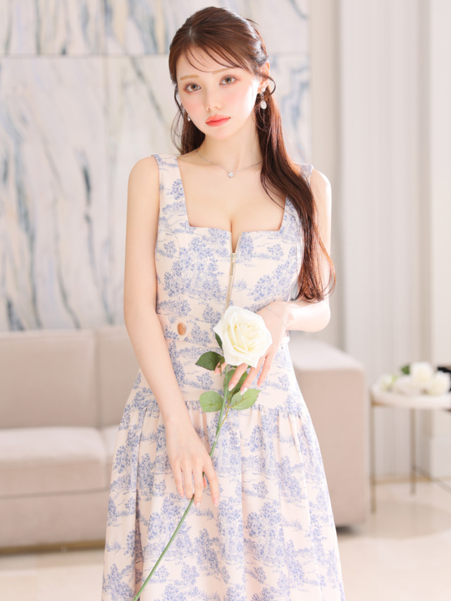 Lサイズあり】ジャガード×バストジッパーフレアロングキャバドレス(DE3334) 