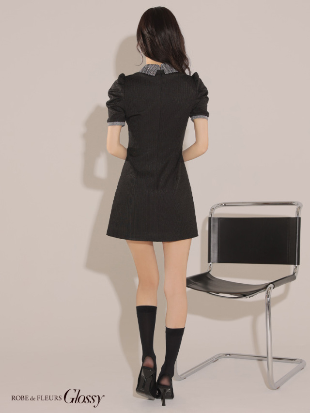 XSサイズあり】襟付きラメニットパイピングミニキャバドレス(GL3349)