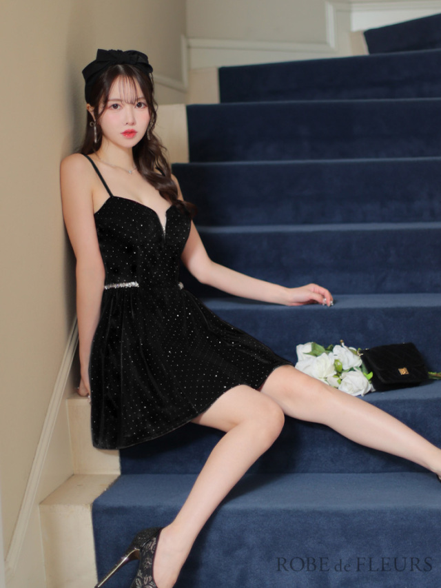 XSサイズあり】ストーン付きベロアウエストビジューフレアミニキャバ  