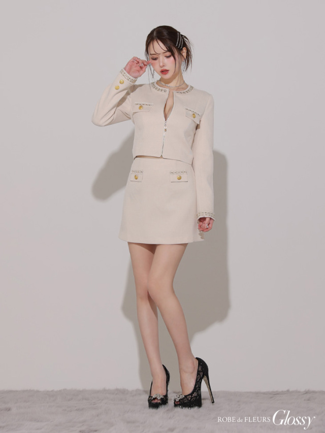 Lサイズあり】ロングスリーブツイードジャケットセットアップミニ  