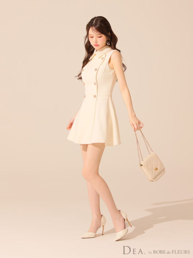 XSサイズあり】襟付きノースリーブダブルボタンフレアミニキャバドレス  