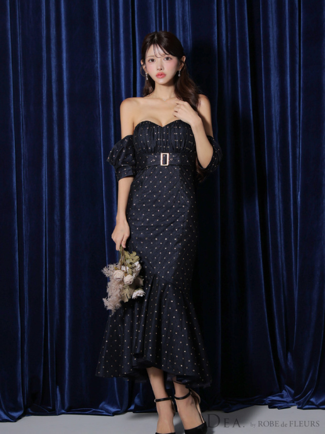 XS～Lサイズあり】ドットオフショルマーメイドロングキャバドレス(DE3369) 