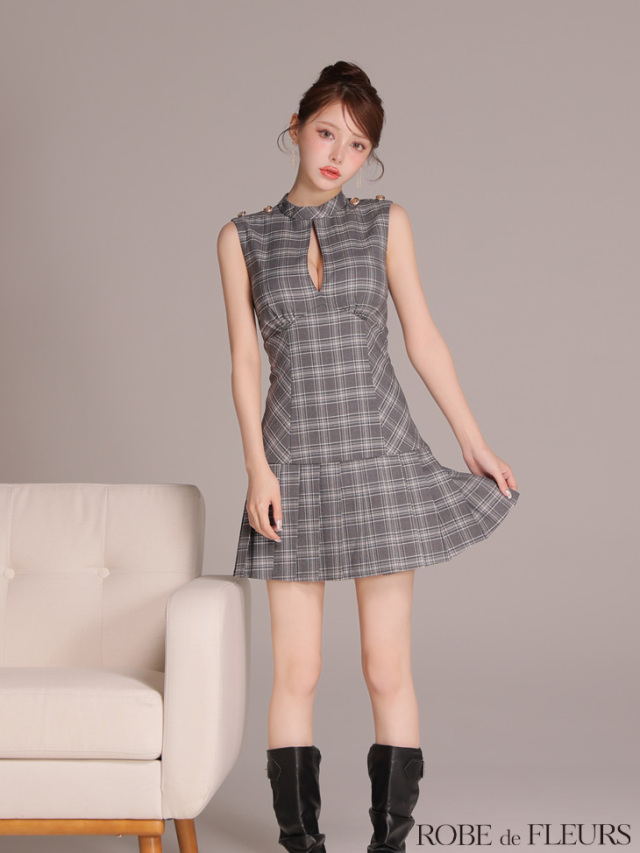 XSサイズあり】クラシカルチェックツイルプリーツミニキャバドレス(fm3389)