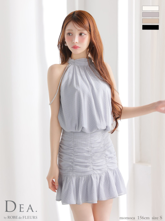 XS～Lサイズあり】ドットシフォンホルターネックフレアミニ