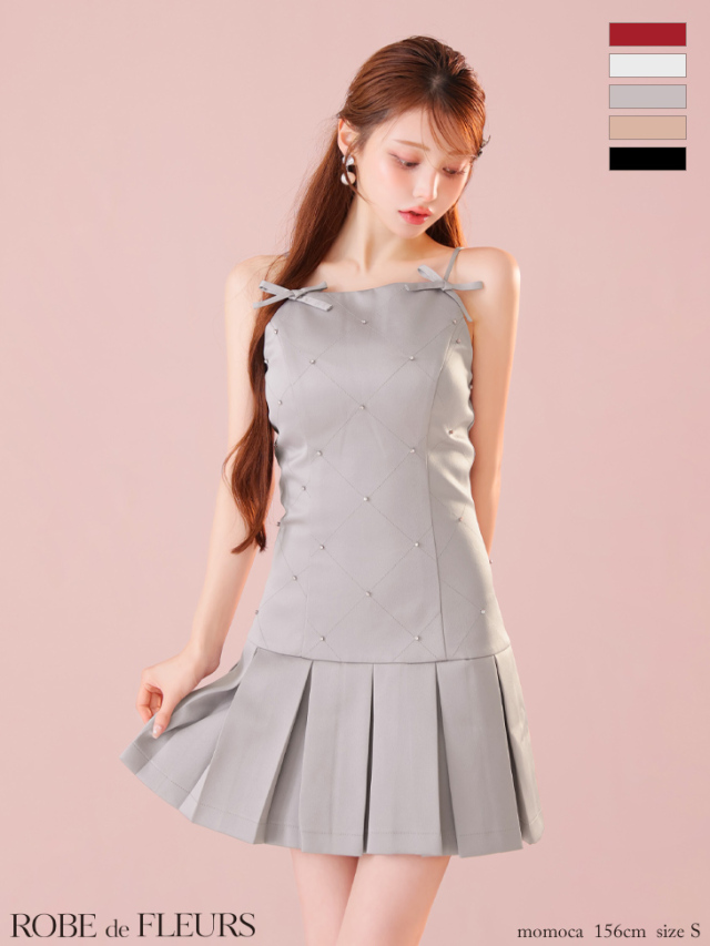 XSサイズあり】サテンビジューリボンボックスプリーツミニキャバドレス