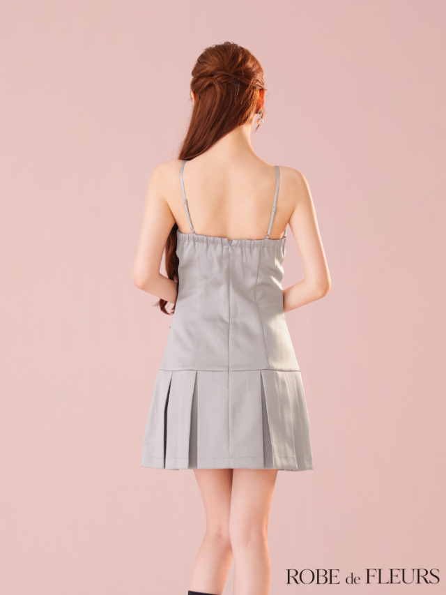 ROBEdeFLEURSグレー ビジュー付きフレアドレス XSサイズあり】サテンビジューリボンボックスプリーツミニキャバドレス