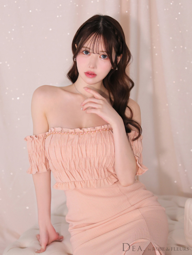 【Lサイズあり】トップギャザーオフショルロングキャバドレス(DE3419)