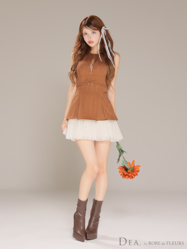 XSサイズあり】ノースリーブベルトデザインチュールミニキャバドレス  