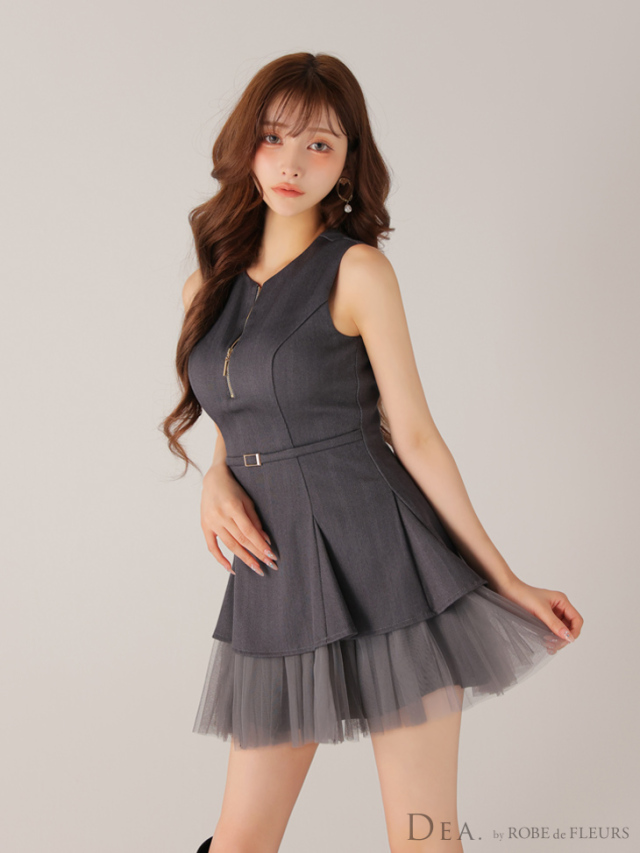 XSサイズあり】ノースリーブベルトデザインチュールミニキャバドレス  