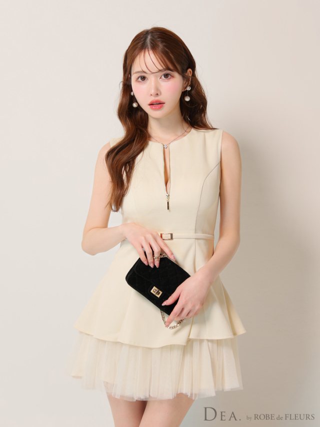 robe de fleurs ノースリーブベルトデザインチュールミニドレス DEA.by ROBE de FLEURS/ディア】エレガント オープンバスト