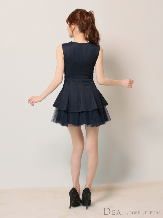 ROBE de FLEURS ノースリーブベルトデザインチュールミニキャバドレス XS～Lサイズあり】ノースリーブベルトデザインチュールミニキャバ