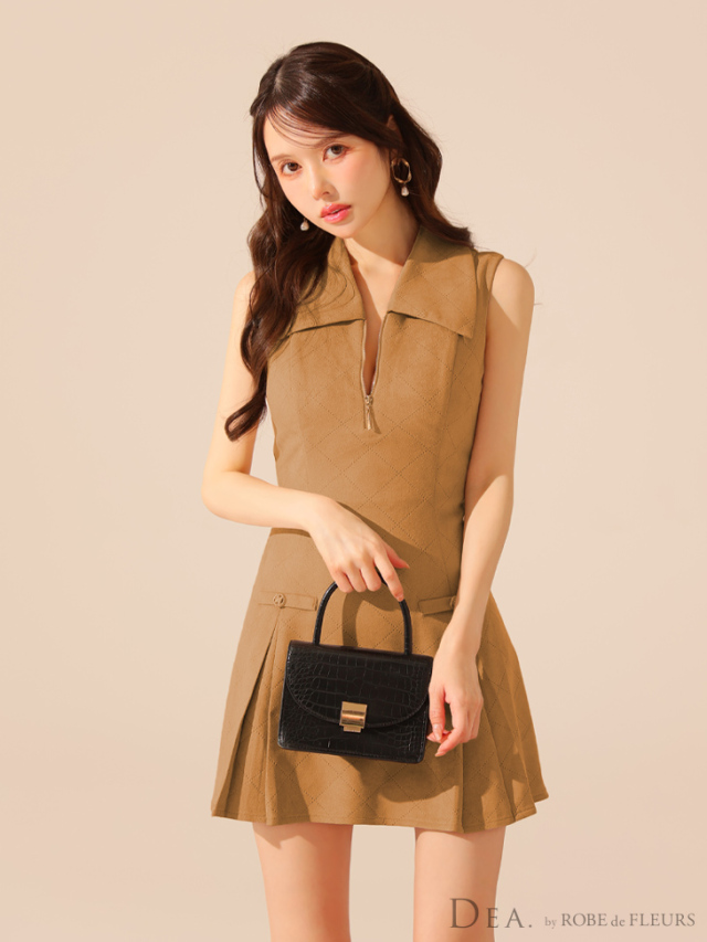 XS～Lサイズあり】スエードジップカラーフレアミニキャバドレス(DE3458)