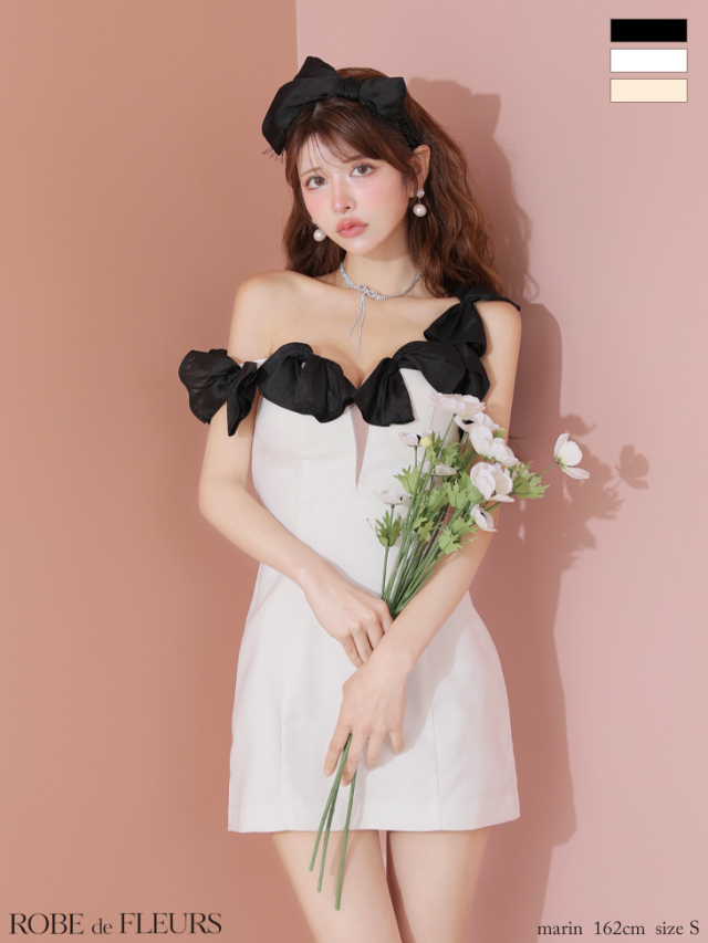 【XSサイズあり】シフォンリボンワンショルタイトミニキャバドレス(fm3460)