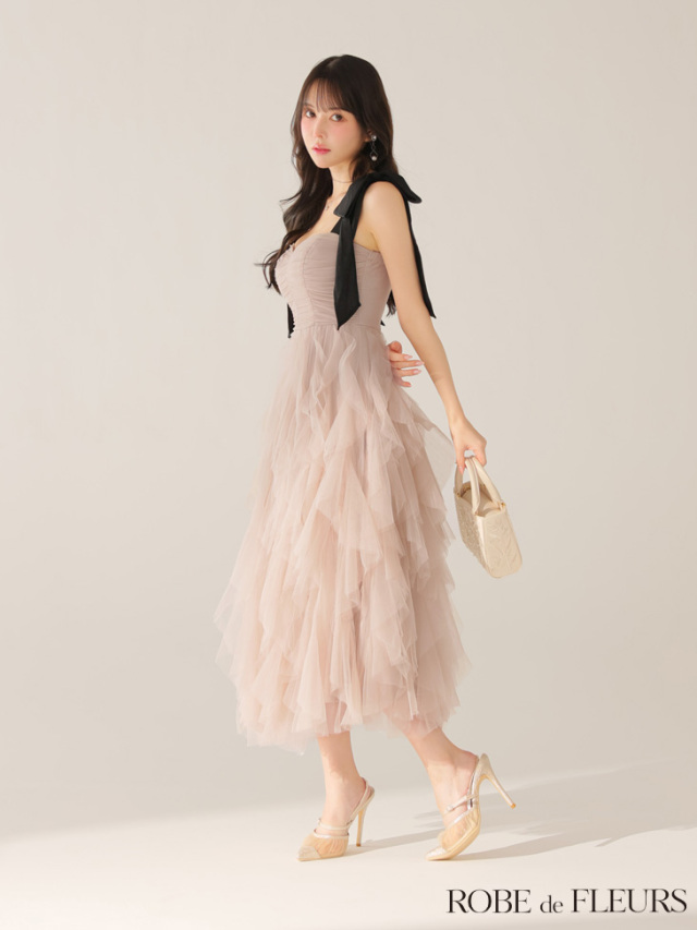 456 ROBE de FLEURS チュールミディドレス fm3463 XS～Lサイズあり】襟付きシンプルラメフレアミニキャバドレス(fm4212)