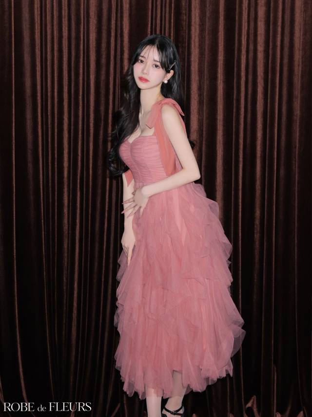 XS～Lサイズあり】ボリュームチュールショルダーリボンフレアロング