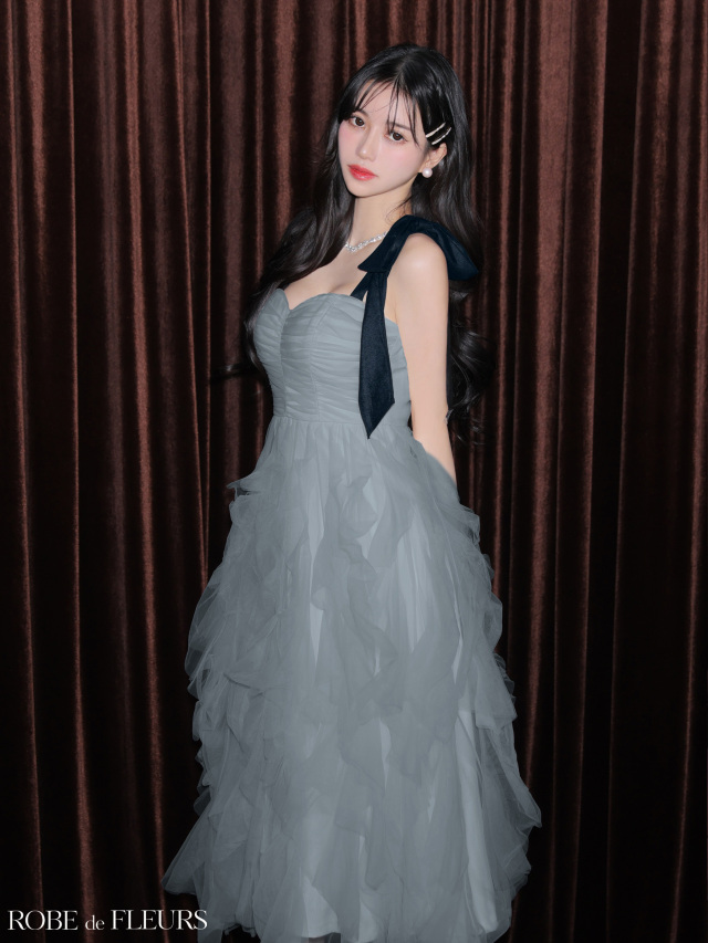 XS～Lサイズあり】ボリュームチュールショルダーリボンフレアロング