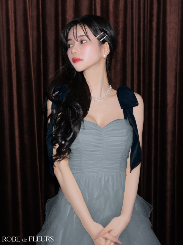 XS～Lサイズあり】ボリュームチュールショルダーリボンフレアロング