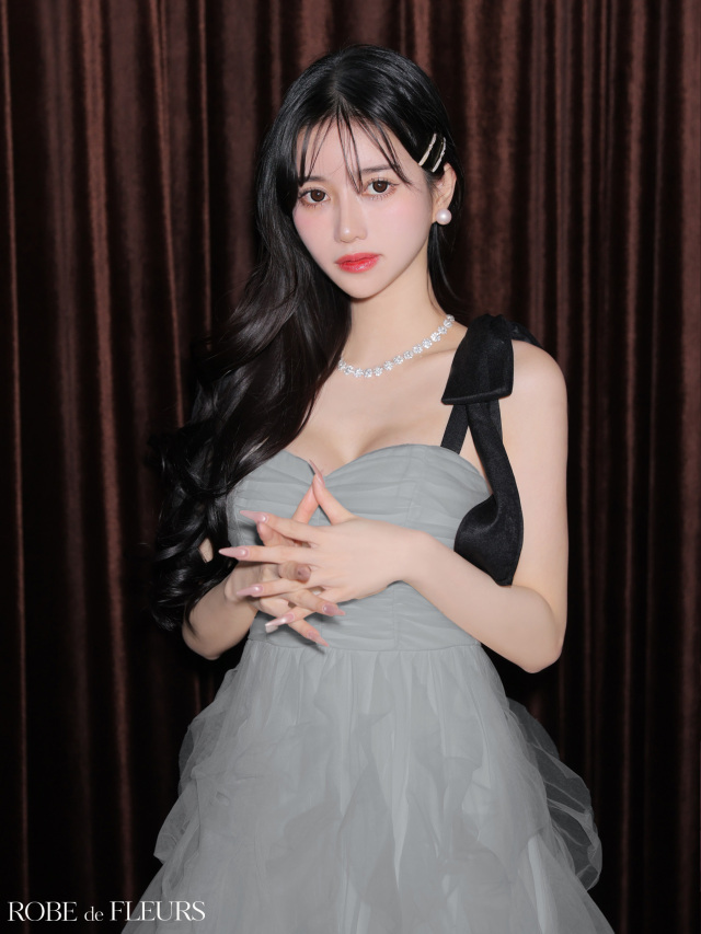 XS～Lサイズあり】ボリュームチュールショルダーリボンフレアロング