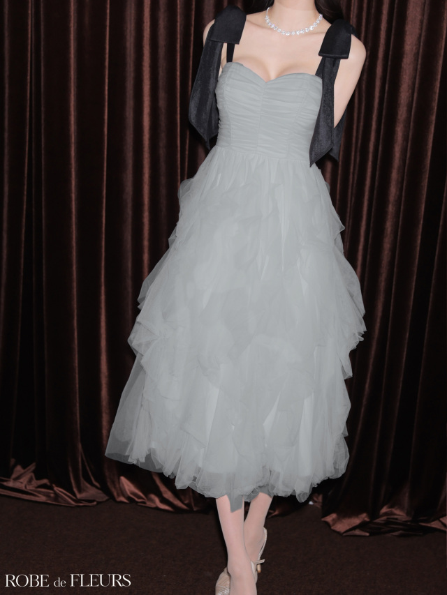 XS～Lサイズあり】ボリュームチュールショルダーリボンフレアロング