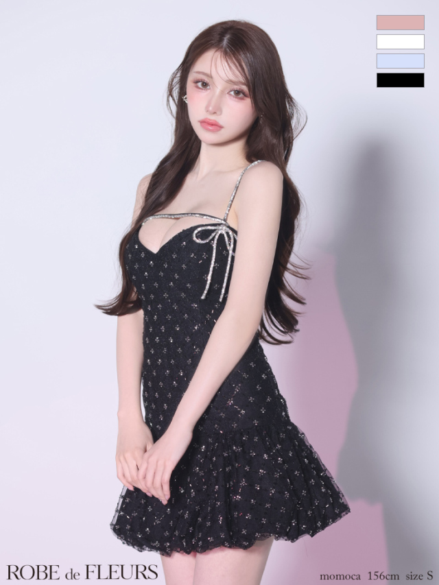 ラメニットスパンコール付きレースキャミミニキャバドレス(fm3470)