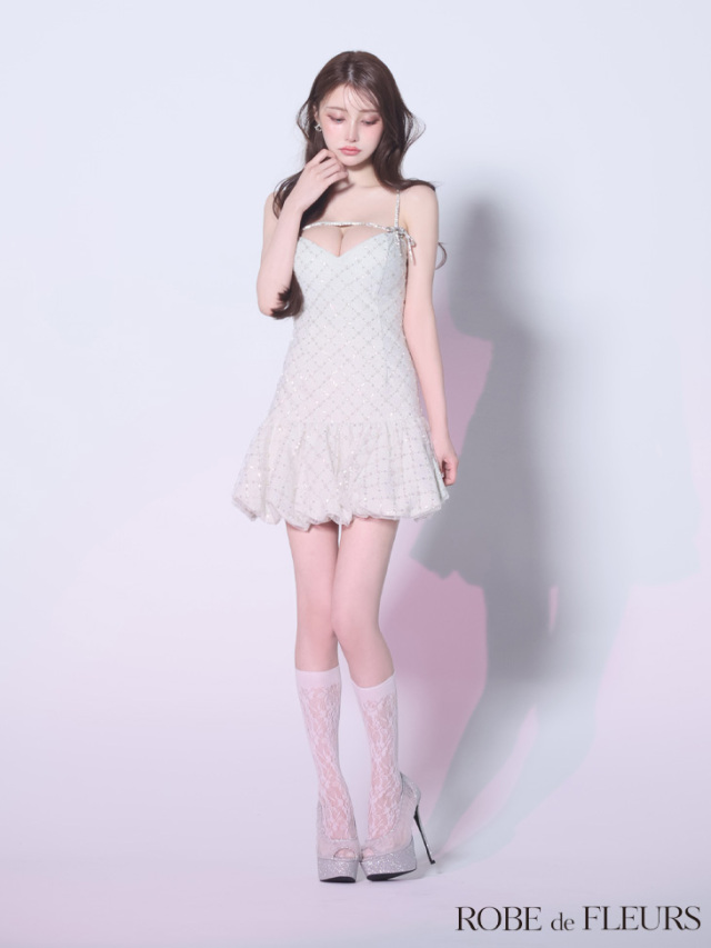 ラメニットスパンコール付きレースキャミミニキャバドレス(fm3470)