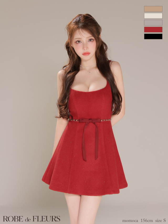 XSサイズあり】ウエストリボンラメ入りメルトンフレアミニキャバ