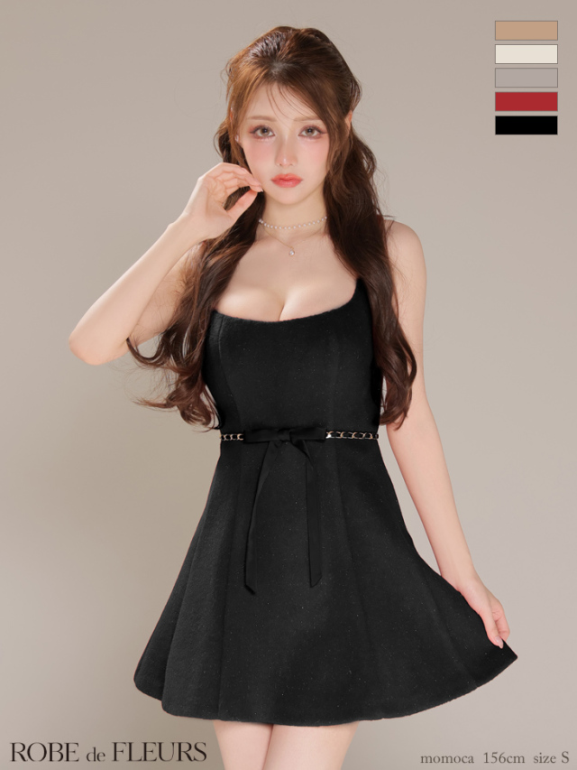 ROBE de FLEURS ウエストリボンラメ入りメルトンフレアミニ XSサイズあり】ウエストリボンラメ入りメルトンフレアミニキャバドレス