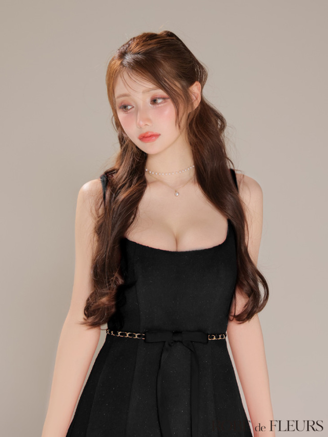 XSサイズあり】ウエストリボンラメ入りメルトンフレアミニキャバドレス