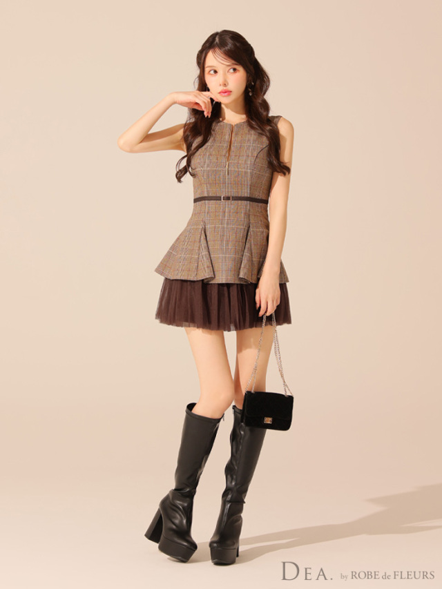 【ローブドフルール】ノースリーブ×シースルーチェックレデイサマーキャバドレス Lサイズあり】ノースリーブ×シースルーチェックレデイサマー